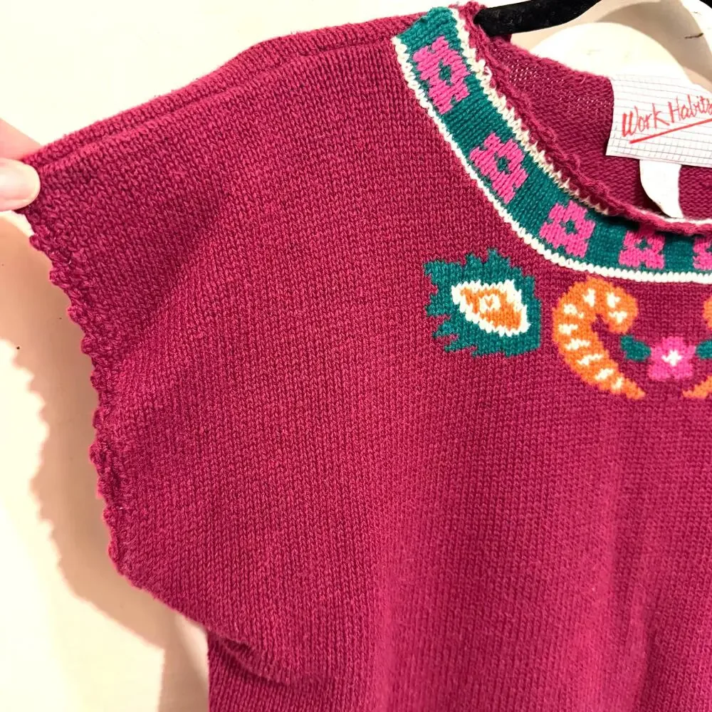 Vintage Folk Art Sweater Size L Cropped Cotton Blend Casual Summer Boho‎ Retro
